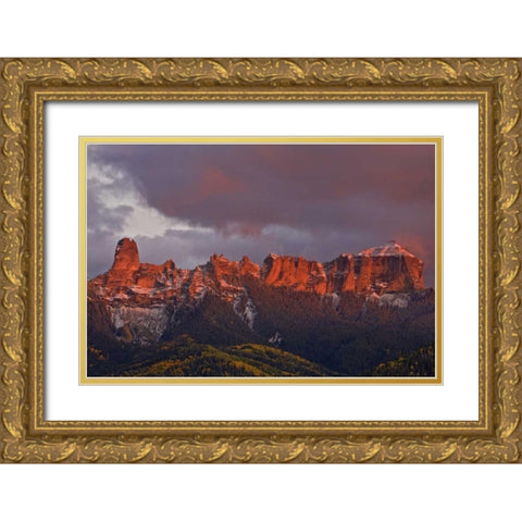 CO, Rocky Mts Chimney Rock and Courthouse Mt Gold Ornate Wood Framed Art Print with Double Matting by Grall, Don
