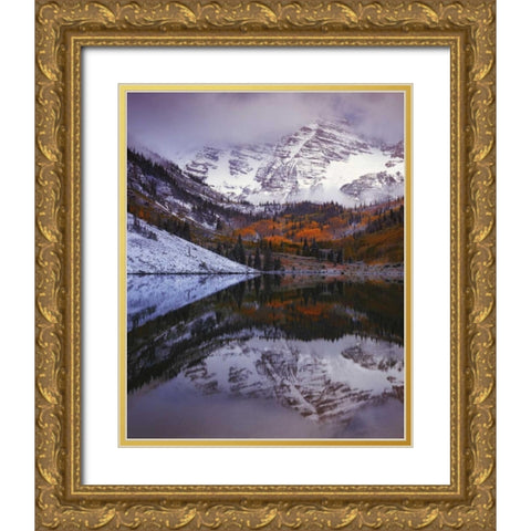 CO, Maroon Bells from Maroon Lake Gold Ornate Wood Framed Art Print with Double Matting by Flaherty, Dennis