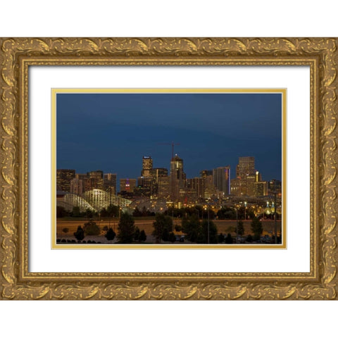 USA, Colorado, Denver Skyline at dusk Gold Ornate Wood Framed Art Print with Double Matting by Grall, Don