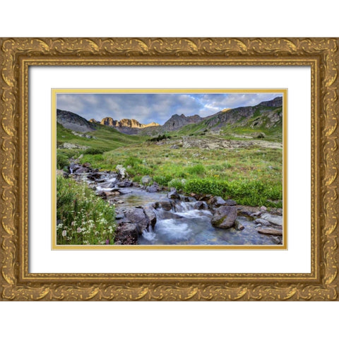 CO, Sunrise on stream in American Basin Gold Ornate Wood Framed Art Print with Double Matting by Flaherty, Dennis