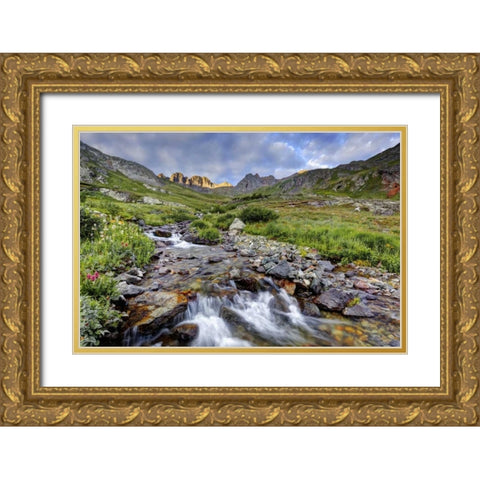 CO, Sunrise on stream in American Basin Gold Ornate Wood Framed Art Print with Double Matting by Flaherty, Dennis