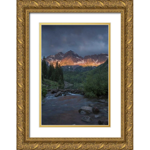 CO, Sunrise clouds on Maroon Bells mountains Gold Ornate Wood Framed Art Print with Double Matting by Grall, Don