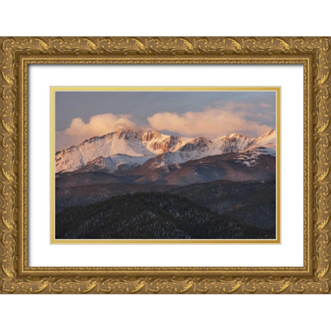 CO, Pike NF Clouds over Pikes Peak at sunrise Gold Ornate Wood Framed Art Print with Double Matting by Grall, Don