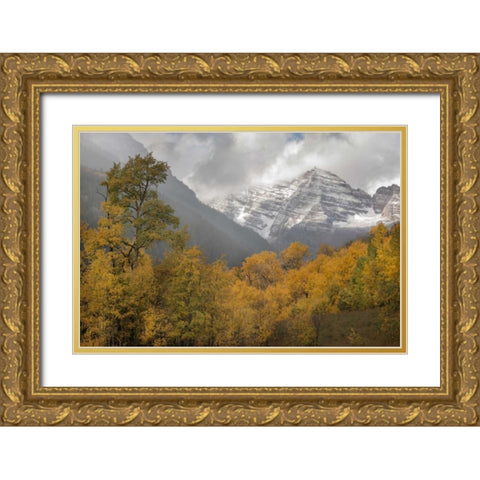CO Autumn sunrise on Maroon Bells mountains Gold Ornate Wood Framed Art Print with Double Matting by Grall, Don