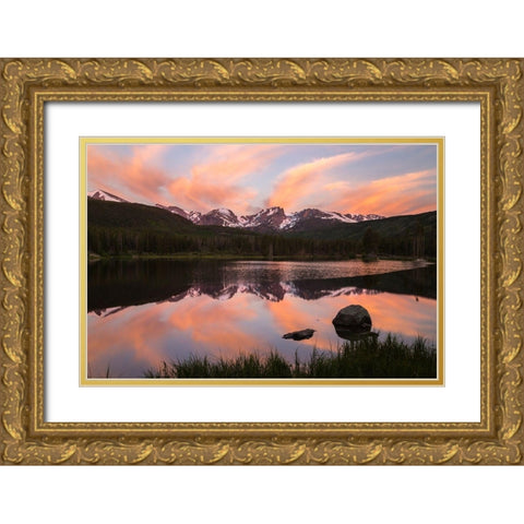 Colorado-Rock Mountain National Park Sunrise reflection in Sprague Lake  Gold Ornate Wood Framed Art Print with Double Matting by Jaynes Gallery