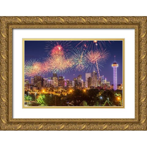 Colorado-Denver Fireworks over city on July 4th Gold Ornate Wood Framed Art Print with Double Matting by Jaynes Gallery