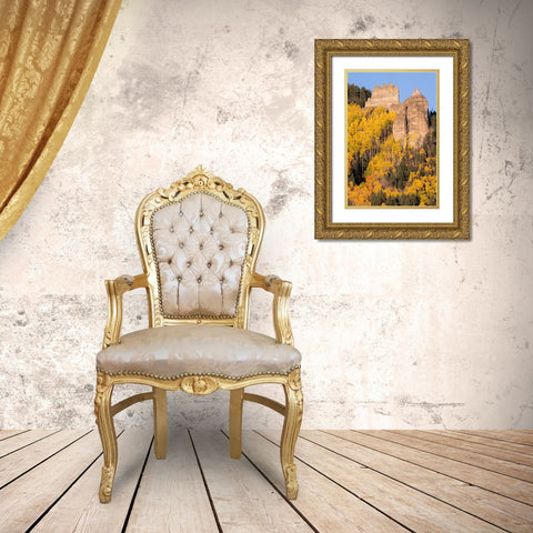 USA-Colorado-Uncompahgre National Forest Pinnacle Ridge towers over aspens in autumn Gold Ornate Wood Framed Art Print with Double Matting by Jaynes Gallery