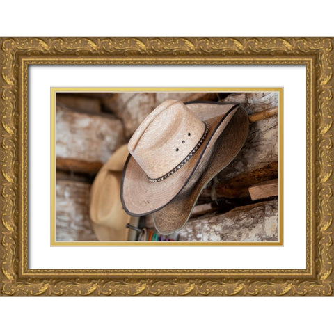 USA-Colorado-Westcliffe Music Meadows Ranch Tack room-cowboy hat detail Gold Ornate Wood Framed Art Print with Double Matting by Hopkins, Cindy Miller