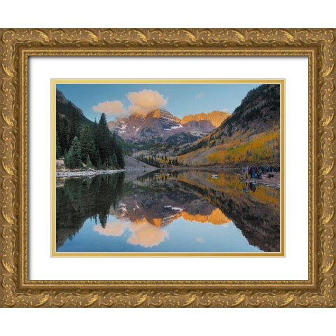 Colorado-Maroon Bells Mountain lake reflections in autumn sunrise Gold Ornate Wood Framed Art Print with Double Matting by Eggers, Julie
