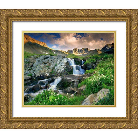 A spring cascade with white wildflowers in American Basin in the Colorado Rocky Mountains Gold Ornate Wood Framed Art Print with Double Matting by SMO