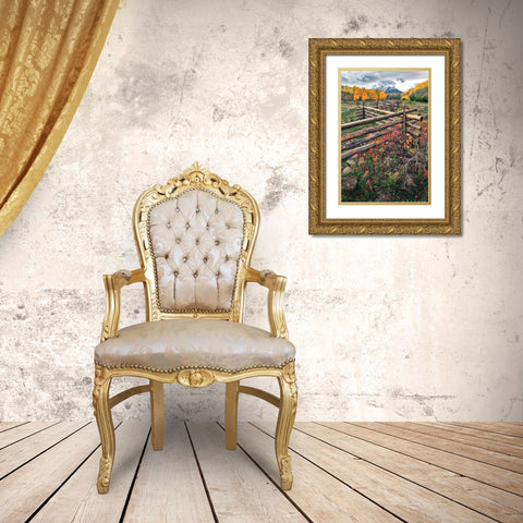 A log fence leads to the horizon on Dallas divide near Telluride in the Colorado Rocky Mountains Gold Ornate Wood Framed Art Print with Double Matting by SMO