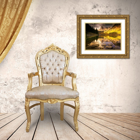 Maroon bells near Aspen Colorado in full Fall blazing yellow color Gold Ornate Wood Framed Art Print with Double Matting by SMO