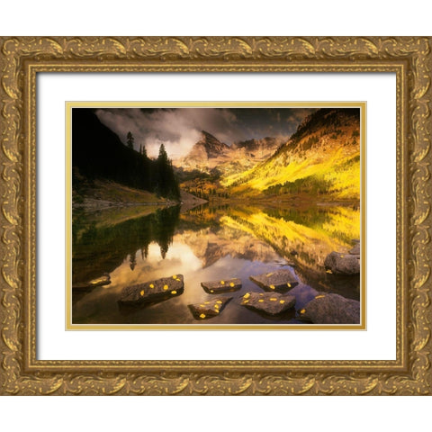 Maroon bells near Aspen Colorado in full Fall blazing yellow color Gold Ornate Wood Framed Art Print with Double Matting by SMO