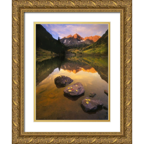 Aspen leaves signify the end of Fall and the beginning of winter at the maroon bells Gold Ornate Wood Framed Art Print with Double Matting by SMO