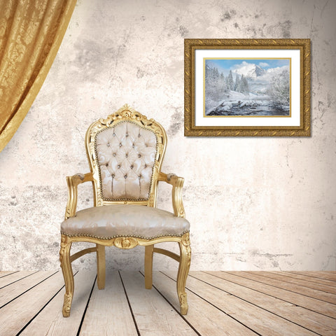 Winter comes to the maroon bells near Aspen Colorado in the Rocky Mountains Gold Ornate Wood Framed Art Print with Double Matting by SMO