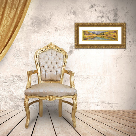 Mt Snaffles and a sea of gold Aspen trees reflects in a large pond in autumn Gold Ornate Wood Framed Art Print with Double Matting by SMO