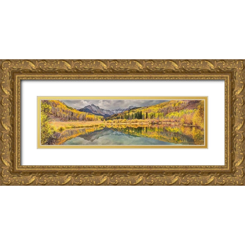 Mt Snaffles and a sea of gold Aspen trees reflects in a large pond in autumn Gold Ornate Wood Framed Art Print with Double Matting by SMO