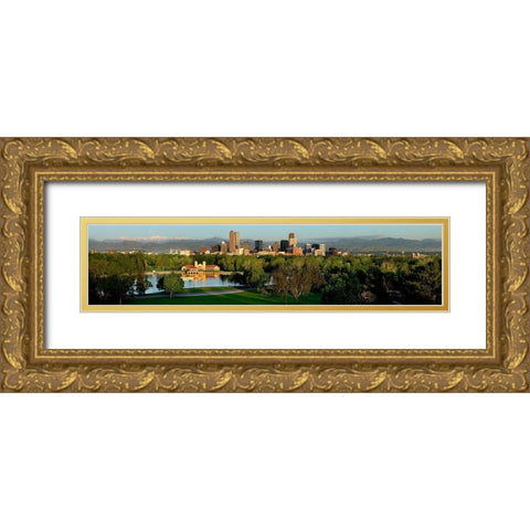 Denver skyline glistens in front of the Rocky Mountains Gold Ornate Wood Framed Art Print with Double Matting by SMO
