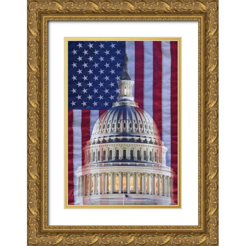 Washington, DC US flag and US Capitol building Gold Ornate Wood Framed Art Print with Double Matting by Flaherty, Dennis