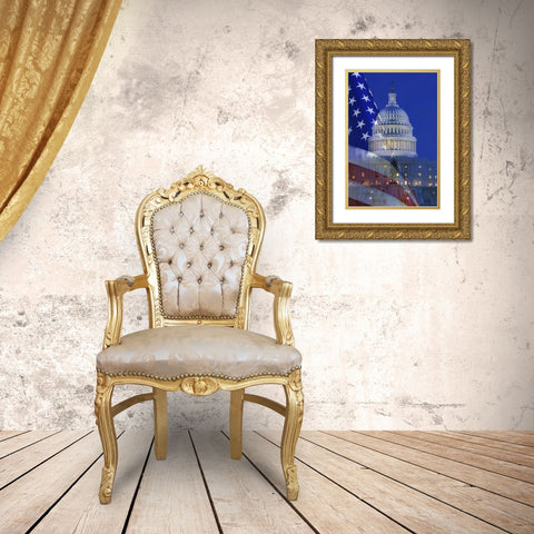 Washington, DC US flag and US Capitol building Gold Ornate Wood Framed Art Print with Double Matting by Flaherty, Dennis
