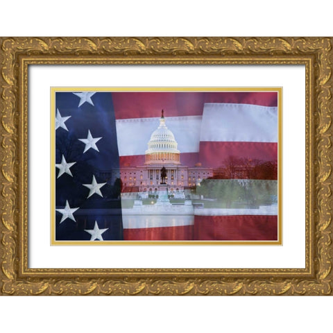 Washington DC, US flag over US Capitol buildings Gold Ornate Wood Framed Art Print with Double Matting by Flaherty, Dennis