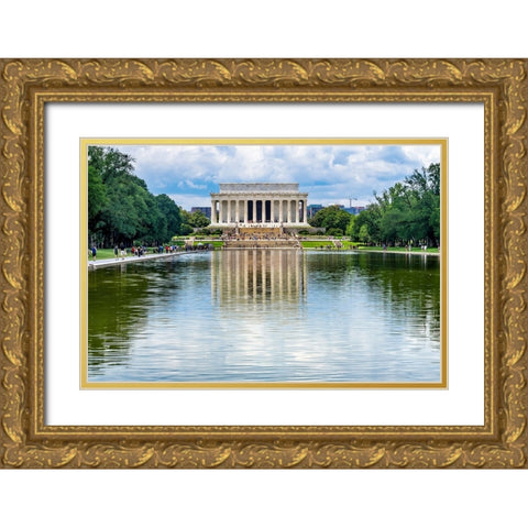 Reflecting Pool-Lincoln Memorial columns-Washington DC-Dedicated 1922-statue by Daniel French Gold Ornate Wood Framed Art Print with Double Matting by Perry, William