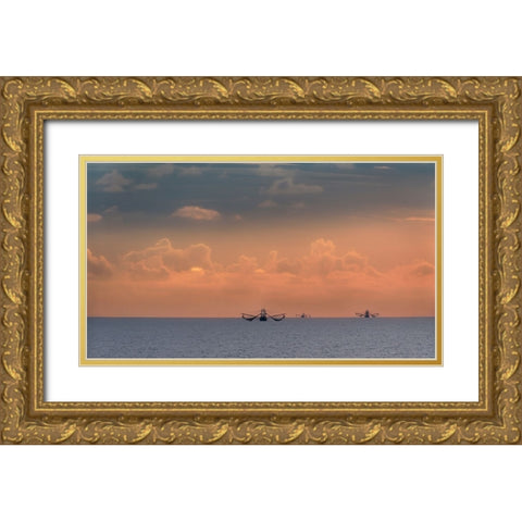 Fishing boats deep out to sea against the backdrop of dramatic sunset clouds and sky Gold Ornate Wood Framed Art Print with Double Matting by Haddad, Sheila