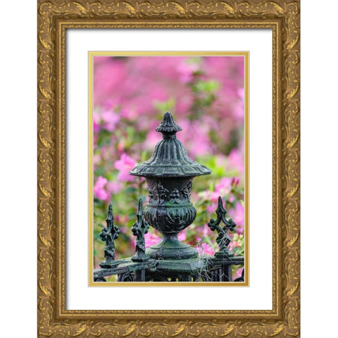 Iron fence and azaleas in full bloom-Bonaventure Cemetery-Savannah-Georgia Gold Ornate Wood Framed Art Print with Double Matting by Jones, Adam