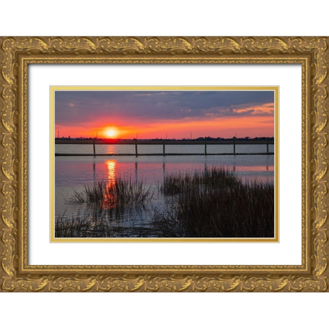 USA-Georgia-Jekyll Island-Sunset on Jekyll Island Gold Ornate Wood Framed Art Print with Double Matting by Looney, Hollice