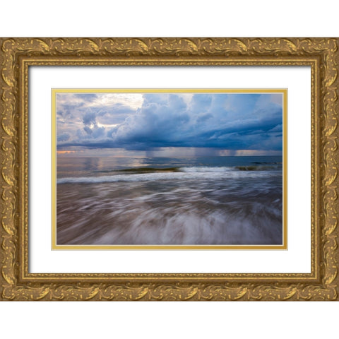 USA- Georgia- Tybee Island. Sunrise with clouds and reflections along the coast. Gold Ornate Wood Framed Art Print with Double Matting by Wells, Joanne