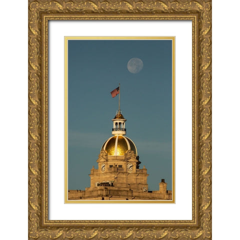 USA- Georgia- Savannah. Moon setting over gold dome at City Hall. Gold Ornate Wood Framed Art Print with Double Matting by Wells, Joanne