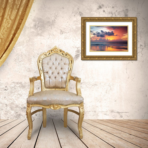 USA- Georgia- Tybee Island. Sunrise with reflections and clouds. Gold Ornate Wood Framed Art Print with Double Matting by Wells, Joanne
