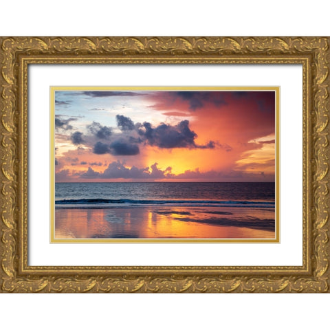 USA- Georgia- Tybee Island. Sunrise with reflections and clouds. Gold Ornate Wood Framed Art Print with Double Matting by Wells, Joanne
