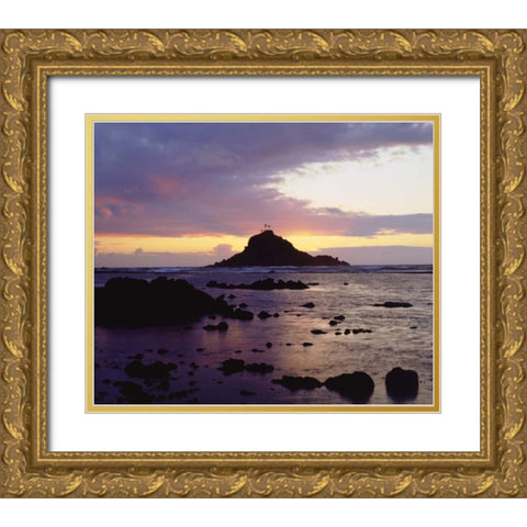 Hawaii, Maui Sunrise over Three Palm Tree Island Gold Ornate Wood Framed Art Print with Double Matting by Talbot Frank, Christopher