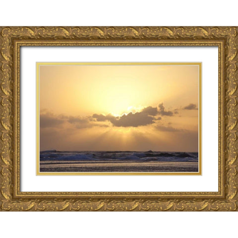 USA, Hawaii, Kauai God rays over beach at sunset Gold Ornate Wood Framed Art Print with Double Matting by Flaherty, Dennis