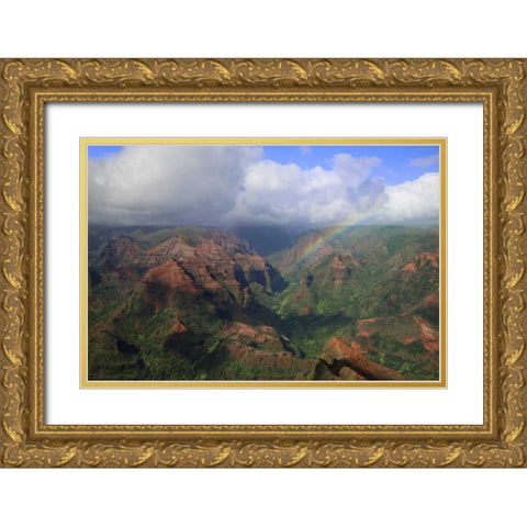 Hawaii, Kauai Rainbow over Waimea Canyon Gold Ornate Wood Framed Art Print with Double Matting by Flaherty, Dennis