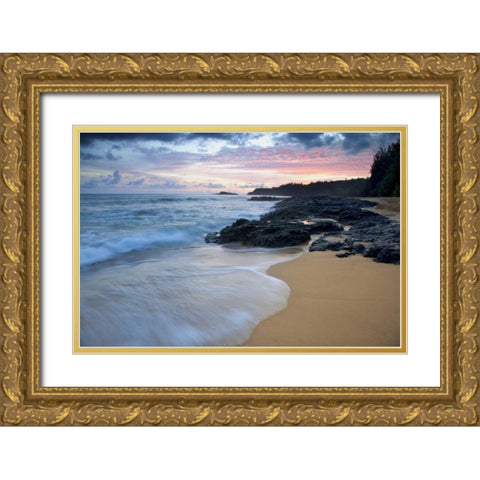 USA, Hawaii, Kauai Secret Beach at dawn Gold Ornate Wood Framed Art Print with Double Matting by Flaherty, Dennis