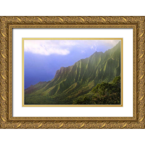 HI, Kauai Landscape of the Na Pali Coast Gold Ornate Wood Framed Art Print with Double Matting by Flaherty, Dennis