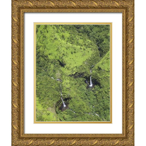 USA, Hawaii, Kauai Aerial view of waterfalls Gold Ornate Wood Framed Art Print with Double Matting by Flaherty, Dennis
