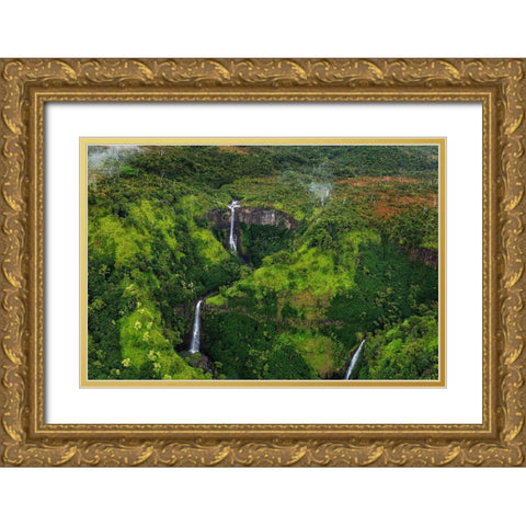 Lush Inland waterfalls during helicopter tour in Kauai-Hawaii-USA Gold Ornate Wood Framed Art Print with Double Matting by Haney, Chuck