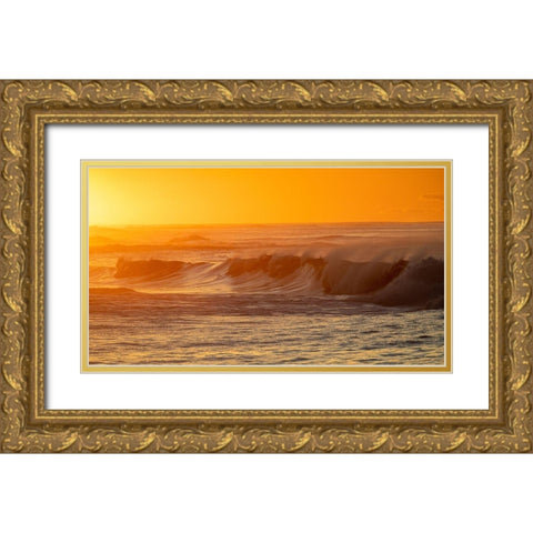 Incoming surf waves at sunrise near Poipu in Kauai-Hawaii-USA Gold Ornate Wood Framed Art Print with Double Matting by Haney, Chuck