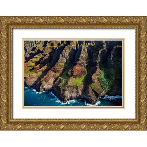 Aerial view of the Napali Coastline in Kauai-Hawaii-USA Gold Ornate Wood Framed Art Print with Double Matting by Haney, Chuck