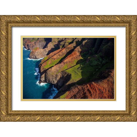 Aerial view of the Napali Coastline in Kauai-Hawaii-USA Gold Ornate Wood Framed Art Print with Double Matting by Haney, Chuck