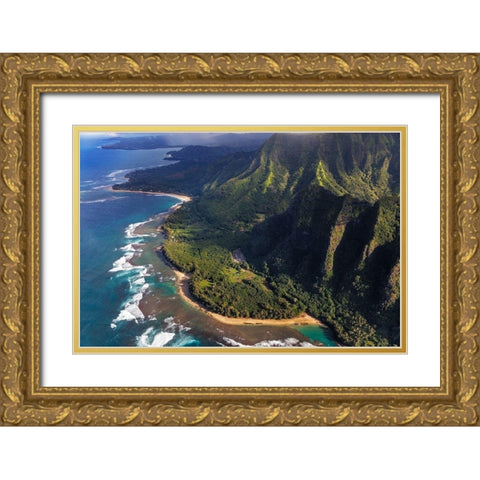 Aerial view of Kee Beach and the Napali Coastline in Kauai-Hawaii-USA Gold Ornate Wood Framed Art Print with Double Matting by Haney, Chuck