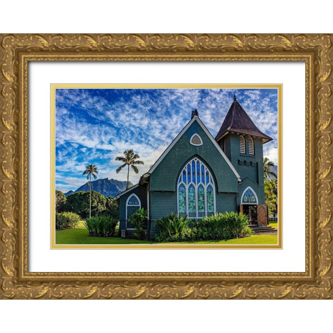 Historic Waioli Huiia Church in Hanalei in Kauai-Hawaii-USA Gold Ornate Wood Framed Art Print with Double Matting by Haney, Chuck