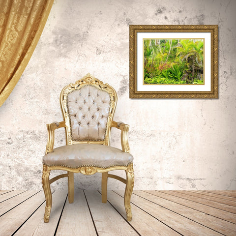 Hawaii-Maui-Hana-garden on the road to Hana with palms and bromide plants Gold Ornate Wood Framed Art Print with Double Matting by Gulin, Sylvia