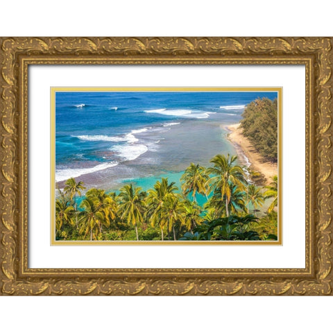 Hawaii-Kauai-shoreline along the Na Pali Coast State Wilderness Park Gold Ornate Wood Framed Art Print with Double Matting by Gulin, Sylvia