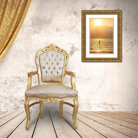 Hawaii-Kauai-Hanalei bay with paddle boarder at sunset Gold Ornate Wood Framed Art Print with Double Matting by Gulin, Sylvia