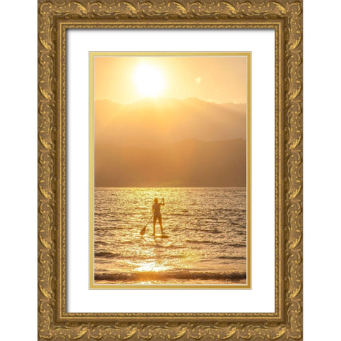 Hawaii-Kauai-Hanalei bay with paddle boarder at sunset Gold Ornate Wood Framed Art Print with Double Matting by Gulin, Sylvia