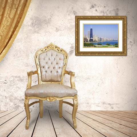 Illinois, Chicago Downtown and Lake Michigan Gold Ornate Wood Framed Art Print with Double Matting by Flaherty, Dennis